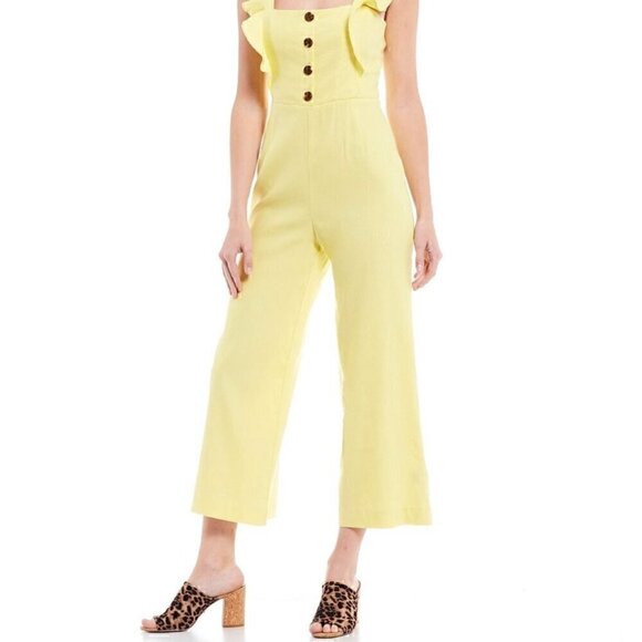 EUC Gianni Bini Square Neck Ruffled Linen Blend Crop Jumper in Yellow - Size 10 - Picture 2 of 11